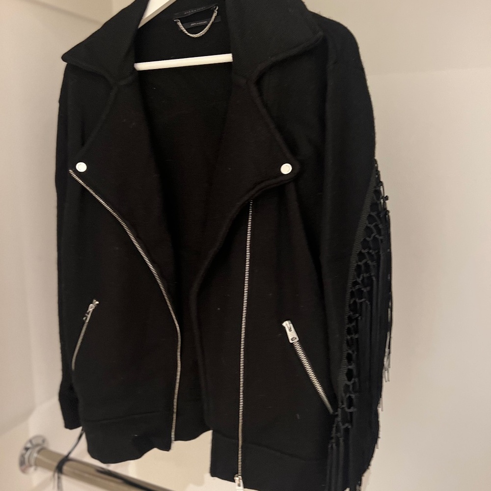 Allsaints / All Saints Black Wool Fringe Sweater Jacket